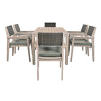 Ensemble de salle à manger d'extérieur 7 pièces en bois d'acacia avec table rectangulaire et 6 chaises rembourrées en rotin avec dossier.