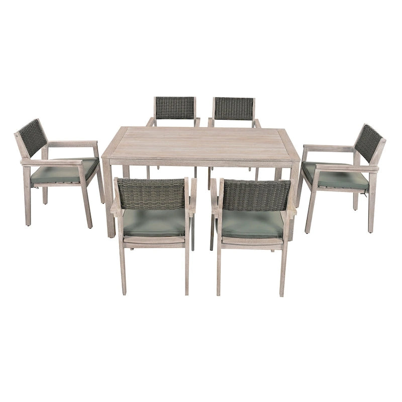 Ensemble de salle à manger d'extérieur 7 pièces en bois d'acacia avec table rectangulaire et 6 chaises rembourrées en rotin avec dossier.
