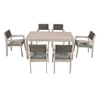 Ensemble de salle à manger d'extérieur 7 pièces en bois d'acacia avec table rectangulaire et 6 chaises rembourrées en rotin avec dossier.