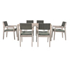 Ensemble de salle à manger d'extérieur 7 pièces en bois d'acacia avec table rectangulaire et 6 chaises rembourrées en rotin avec dossier.