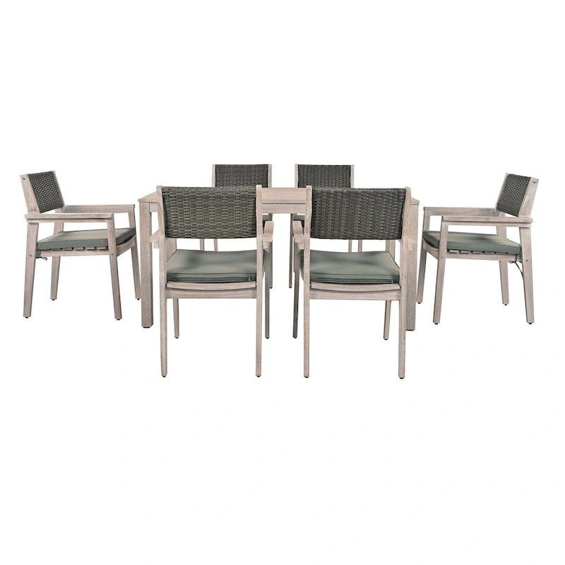 Ensemble de salle à manger d'extérieur 7 pièces en bois d'acacia avec table rectangulaire et 6 chaises rembourrées en rotin avec dossier.