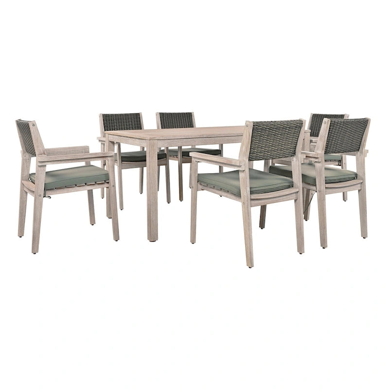 Ensemble de salle à manger d'extérieur 7 pièces en bois d'acacia avec table rectangulaire et 6 chaises rembourrées en rotin avec dossier.