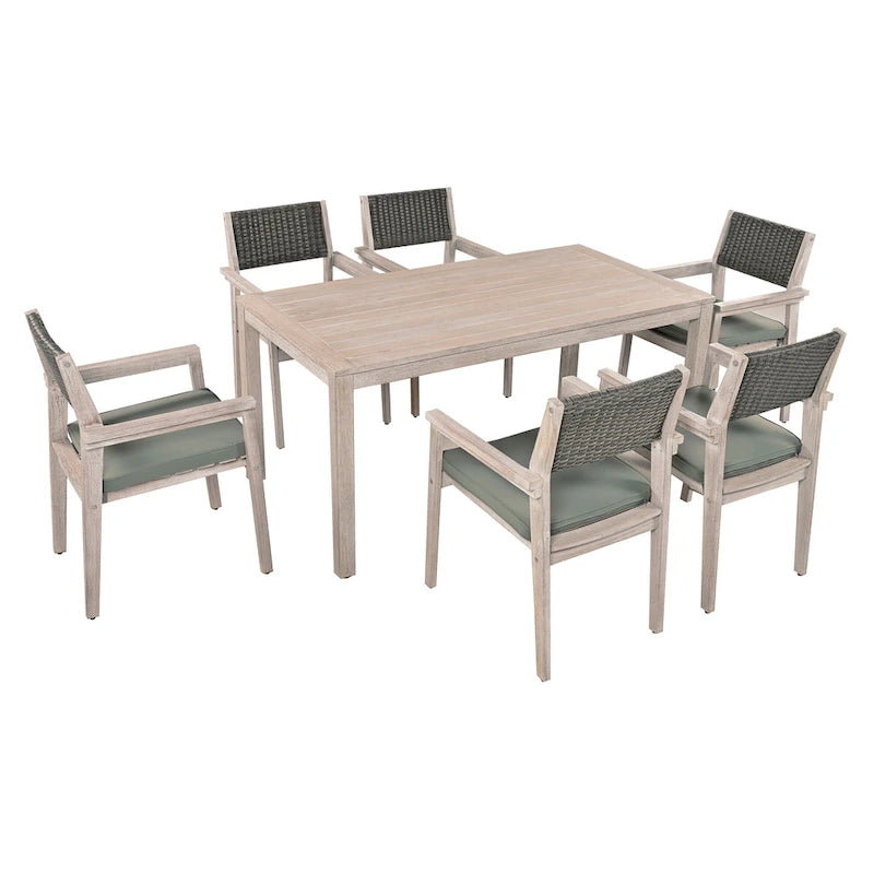 Ensemble de salle à manger d'extérieur 7 pièces en bois d'acacia avec table rectangulaire et 6 chaises rembourrées en rotin avec dossier.