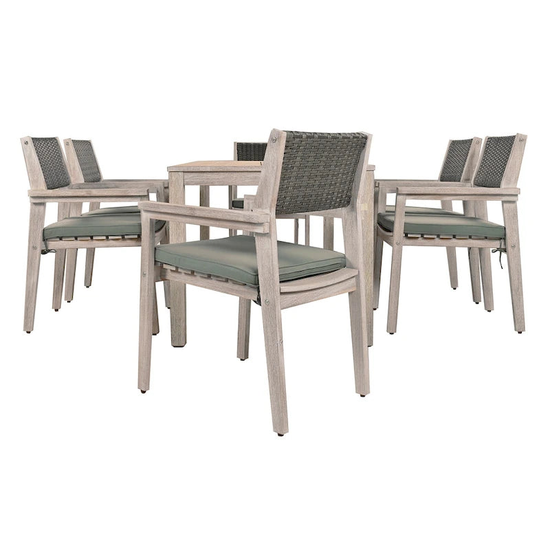 Ensemble de salle à manger d'extérieur 7 pièces en bois d'acacia avec table rectangulaire et 6 chaises rembourrées en rotin avec dossier.