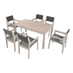 Ensemble de salle à manger d'extérieur 7 pièces en bois d'acacia avec table rectangulaire et 6 chaises rembourrées en rotin avec dossier.