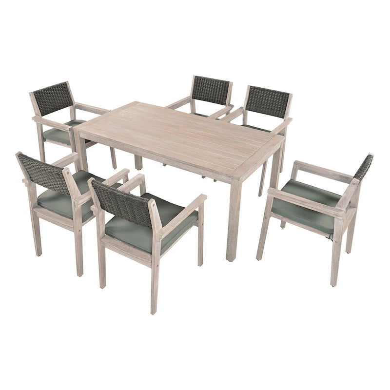 Ensemble de salle à manger d'extérieur 7 pièces en bois d'acacia avec table rectangulaire et 6 chaises rembourrées en rotin avec dossier.