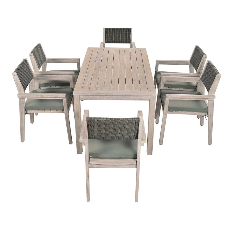 Ensemble de salle à manger d'extérieur 7 pièces en bois d'acacia avec table rectangulaire et 6 chaises rembourrées en rotin avec dossier.