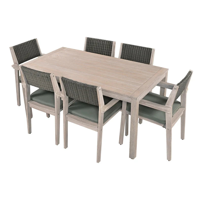 Ensemble de salle à manger d'extérieur 7 pièces en bois d'acacia avec table rectangulaire et 6 chaises rembourrées en rotin avec dossier.