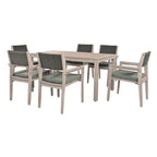 Ensemble de salle à manger d'extérieur 7 pièces en bois d'acacia avec table rectangulaire et 6 chaises rembourrées en rotin avec dossier.