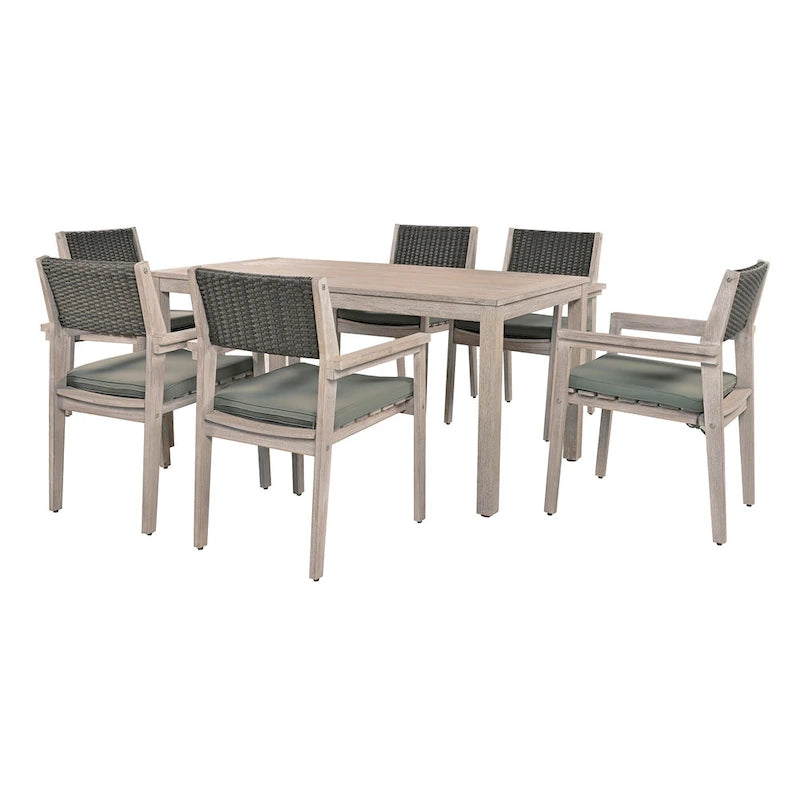 Ensemble de salle à manger d'extérieur 7 pièces en bois d'acacia avec table rectangulaire et 6 chaises rembourrées en rotin avec dossier.