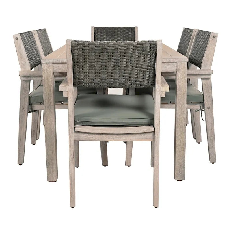 Ensemble de salle à manger d'extérieur 7 pièces en bois d'acacia avec table rectangulaire et 6 chaises rembourrées en rotin avec dossier.