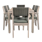 Ensemble de salle à manger d'extérieur 7 pièces en bois d'acacia avec table rectangulaire et 6 chaises rembourrées en rotin avec dossier.