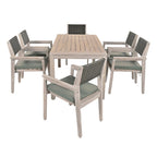Ensemble de salle à manger d'extérieur 7 pièces en bois d'acacia avec table rectangulaire et 6 chaises rembourrées en rotin avec dossier.