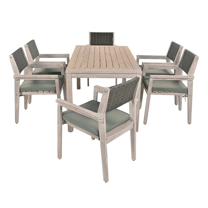 Ensemble de salle à manger d'extérieur 7 pièces en bois d'acacia avec table rectangulaire et 6 chaises rembourrées en rotin avec dossier.