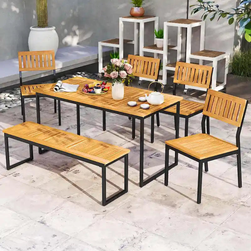 Ensemble de salle à manger d'extérieur Costway 6 pièces en bois d'acacia avec banc et 2 chaises - Voir les détails