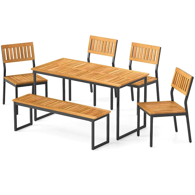 Ensemble de salle à manger d'extérieur Costway 6 pièces en bois d'acacia avec banc et 2 chaises - Voir les détails