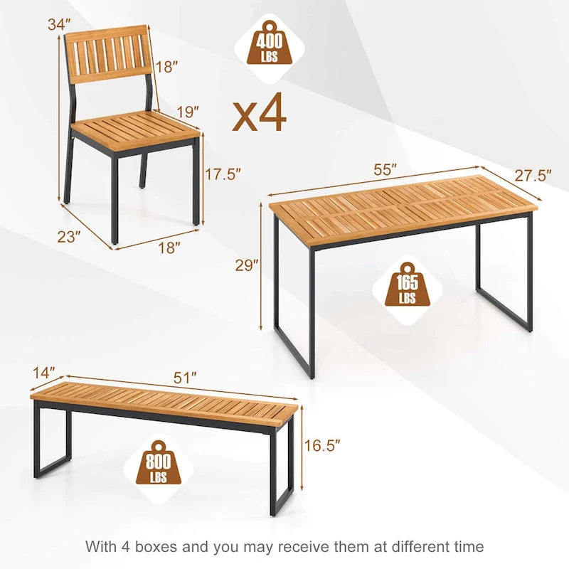Ensemble de salle à manger d'extérieur Costway 6 pièces en bois d'acacia avec banc et 2 chaises - Voir les détails
