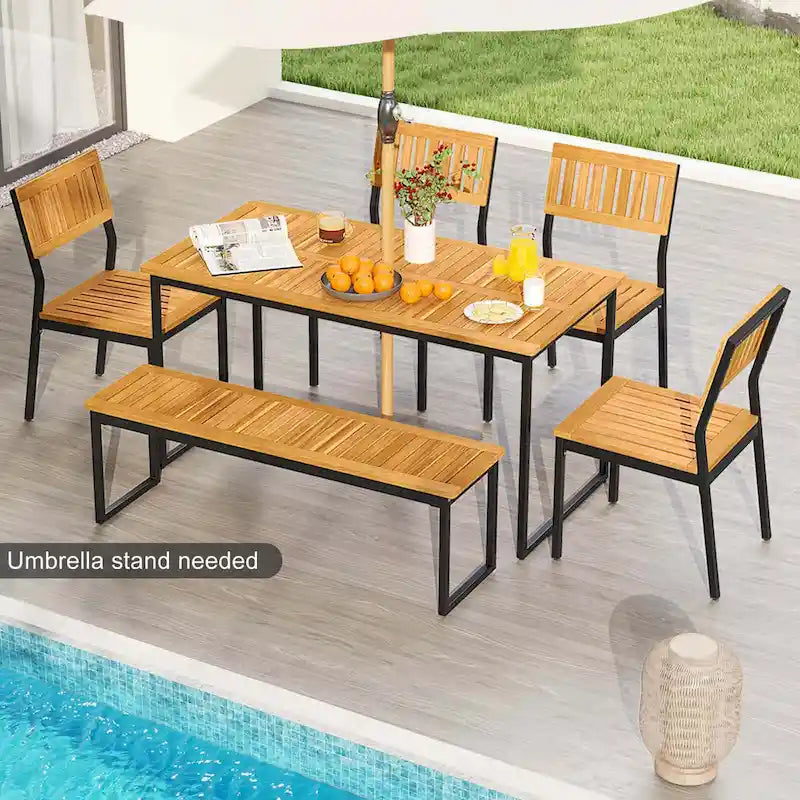 Ensemble de salle à manger d'extérieur Costway 6 pièces en bois d'acacia avec banc et 2 chaises - Voir les détails