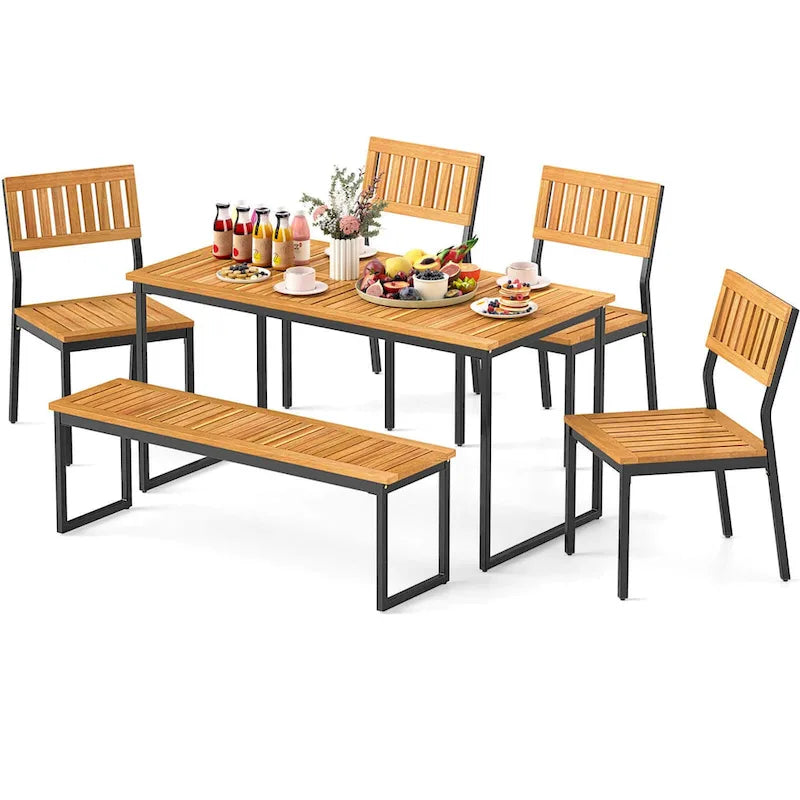 Ensemble de salle à manger d'extérieur Costway 6 pièces en bois d'acacia avec banc et 2 chaises - Voir les détails