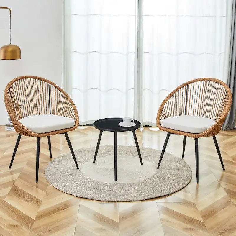 Modern 3-Piece Anti-Spill Round Coffee Table with 2 Rattan Swivel Chairs Outdoor Balcony Casual Dining Set with Cushion