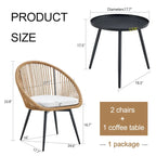 Ensemble repas décontracté pour balcon extérieur, composé d'une table basse ronde moderne anti-déversement, de deux chaises pivotantes en rotin et de coussins.