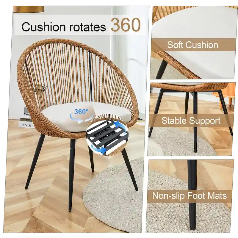 Ensemble repas décontracté pour balcon extérieur, composé d'une table basse ronde moderne anti-déversement, de deux chaises pivotantes en rotin et de coussins.