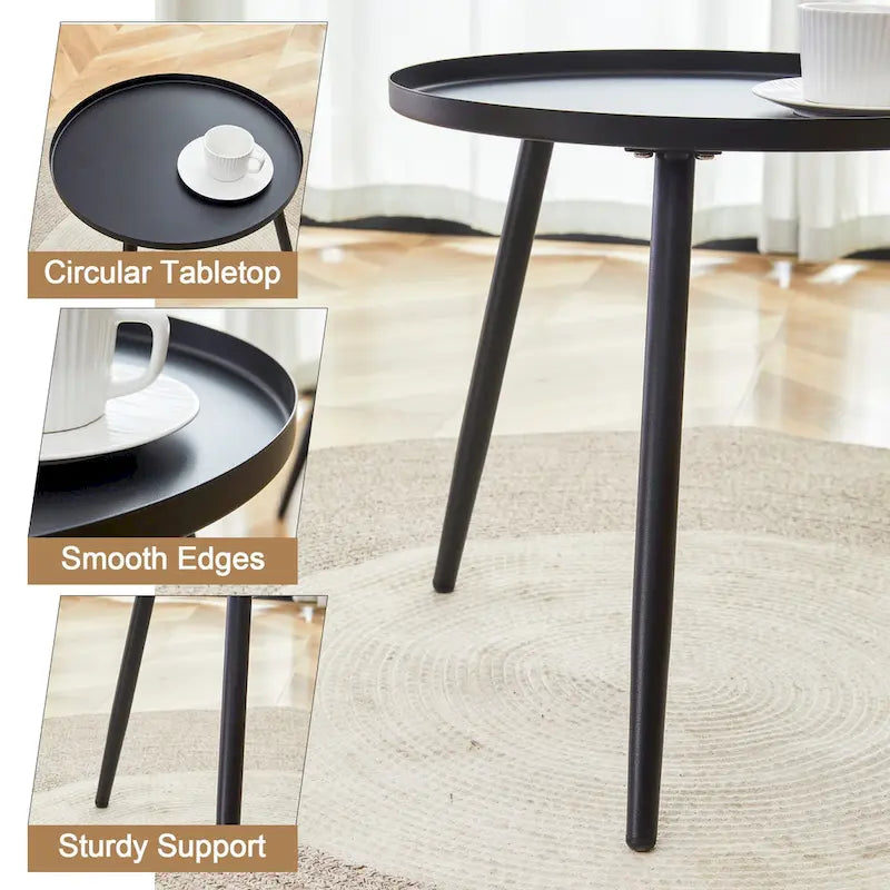 Ensemble repas décontracté pour balcon extérieur, composé d'une table basse ronde moderne anti-déversement, de deux chaises pivotantes en rotin et de coussins.