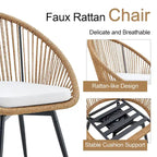 Ensemble repas décontracté pour balcon extérieur, composé d'une table basse ronde moderne anti-déversement, de deux chaises pivotantes en rotin et de coussins.