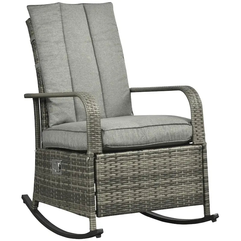 Fauteuil à bascule d'extérieur en rotin synthétique avec coussins moelleux, repose-pieds réglable, dossier inclinable jusqu'à 135°, résine tressée PE