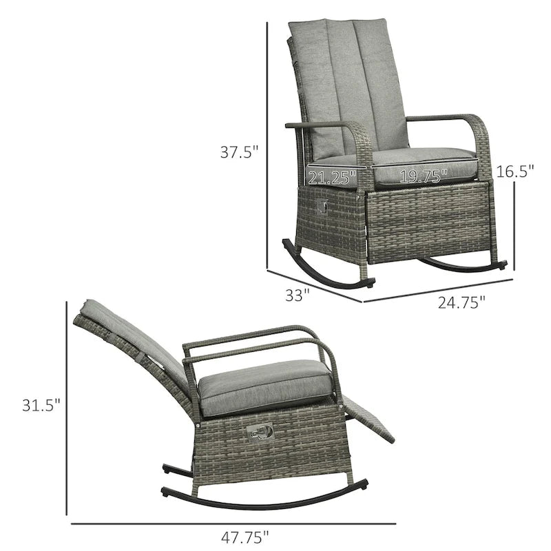 Fauteuil à bascule d'extérieur en rotin synthétique avec coussins moelleux, repose-pieds réglable, dossier inclinable jusqu'à 135°, résine tressée PE