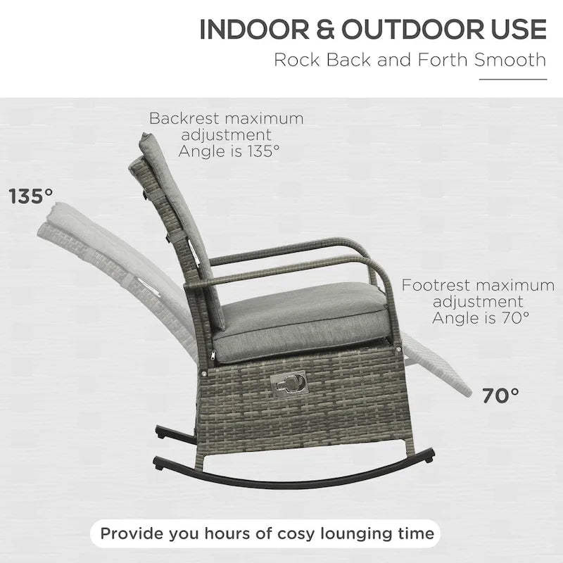 Fauteuil à bascule d'extérieur en rotin synthétique avec coussins moelleux, repose-pieds réglable, dossier inclinable jusqu'à 135°, résine tressée PE