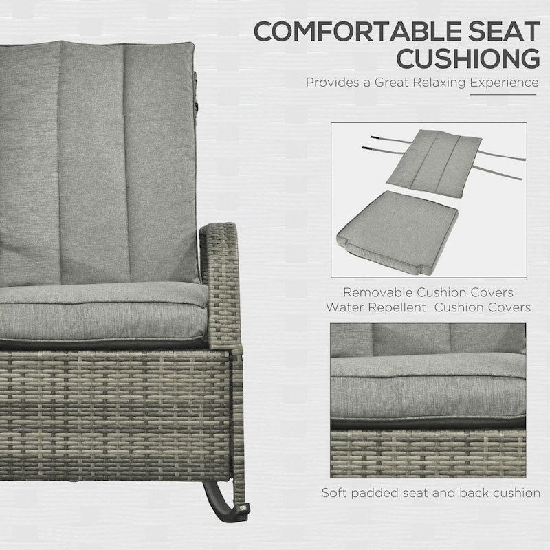 Fauteuil à bascule d'extérieur en rotin synthétique avec coussins moelleux, repose-pieds réglable, dossier inclinable jusqu'à 135°, résine tressée PE