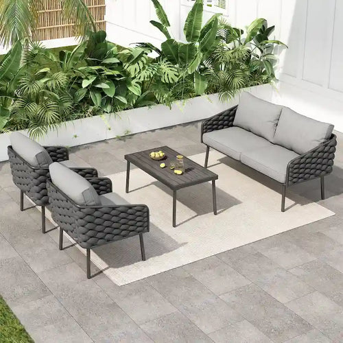 4 Piece Outdoor Conversation Furniture Set, Patio Rope Weaving Sofa Set with Waterproof Cushion and Coffee Tabl