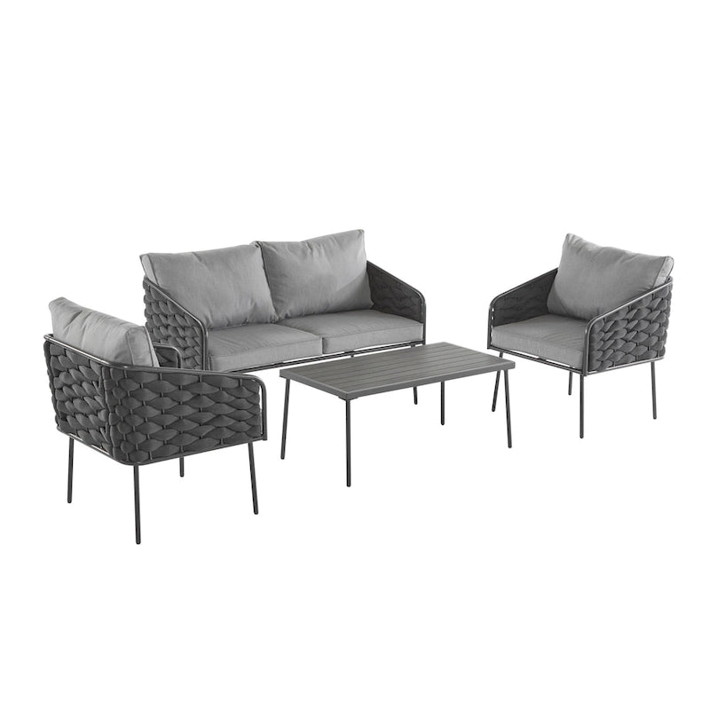 Ensemble de mobilier de conversation d'extérieur 4 pièces, canapé de patio en corde tressée avec coussin imperméable et table basse