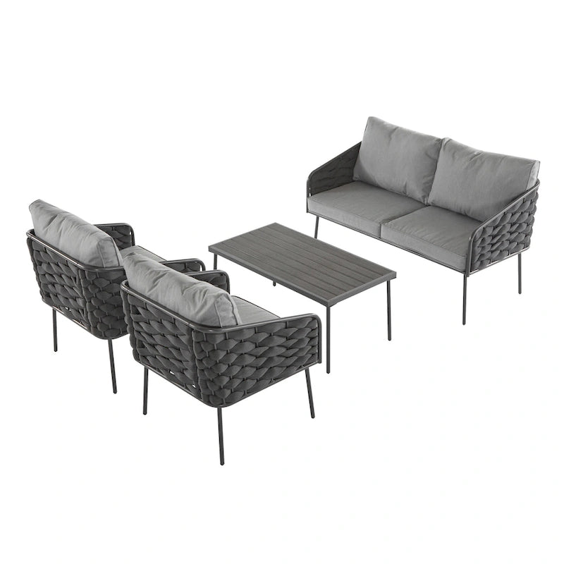 Ensemble de mobilier de conversation d'extérieur 4 pièces, canapé de patio en corde tressée avec coussin imperméable et table basse