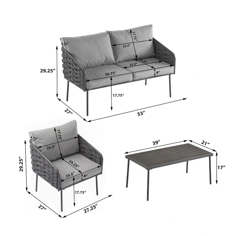 Ensemble de mobilier de conversation d'extérieur 4 pièces, canapé de patio en corde tressée avec coussin imperméable et table basse