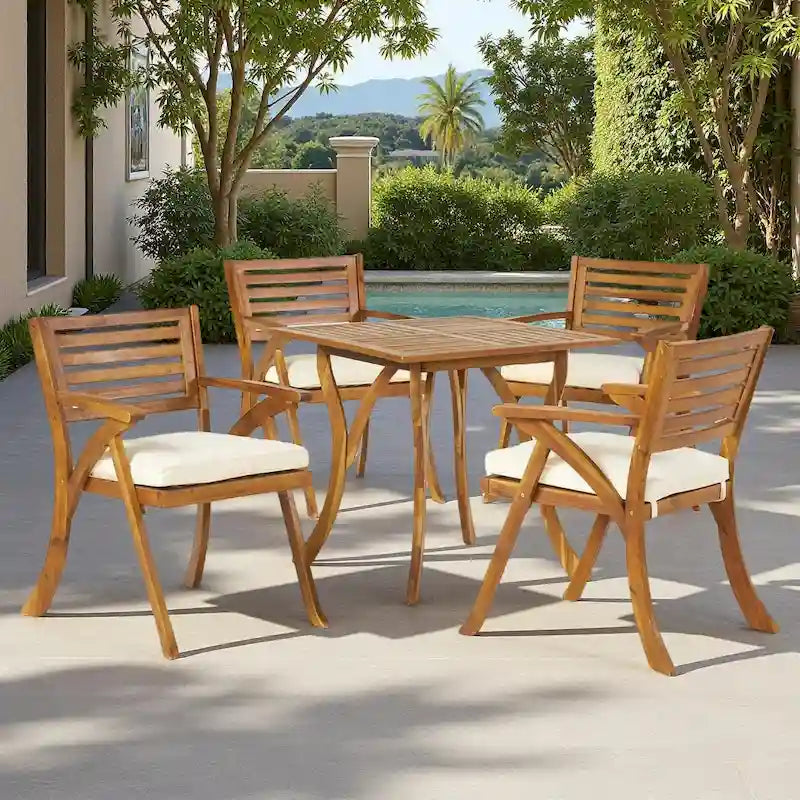 Ensemble de salle à manger d'extérieur 5 pièces en bois d'acacia avec table carrée et 4 chaises rembourrées