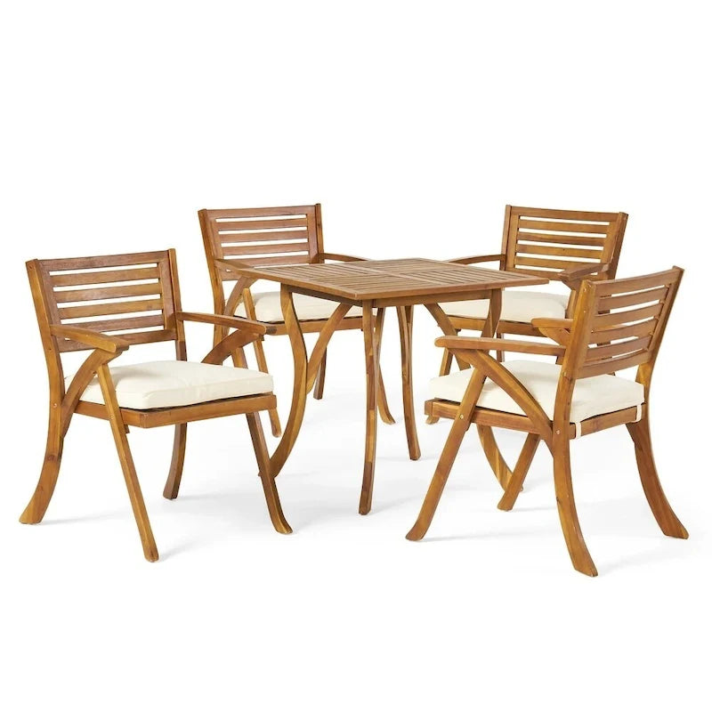 Ensemble de salle à manger d'extérieur 5 pièces en bois d'acacia avec table carrée et 4 chaises rembourrées