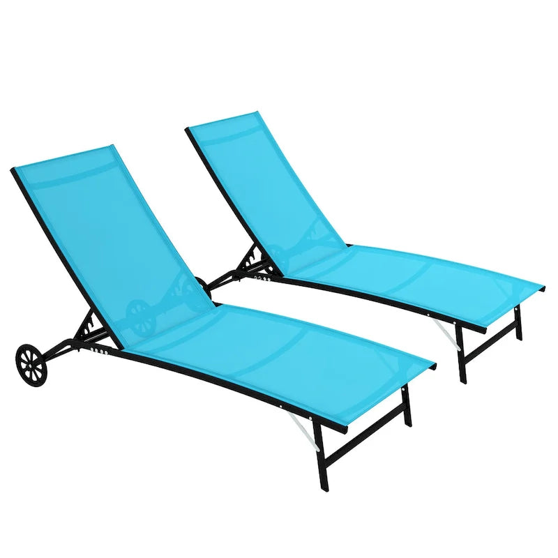 Outdoor 2 Piece Chaise Lounge with Wheels, Tanning Chair with 5 Adjustable Positions for Patio, Beach, Yard, Pool