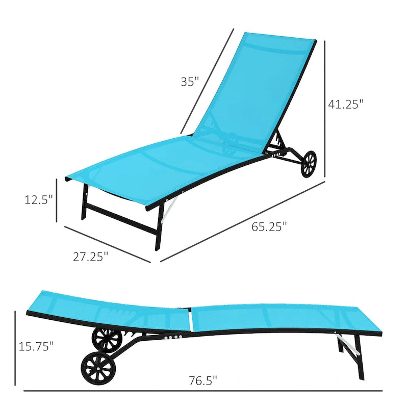 Chaise longue d'extérieur 2 pièces à roulettes, chaise de bronzage avec 5 positions réglables pour terrasse, plage, jardin, piscine