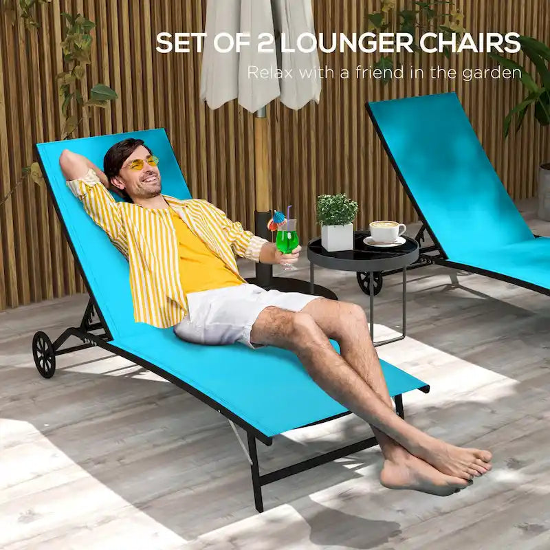 Chaise longue d'extérieur 2 pièces à roulettes, chaise de bronzage avec 5 positions réglables pour terrasse, plage, jardin, piscine