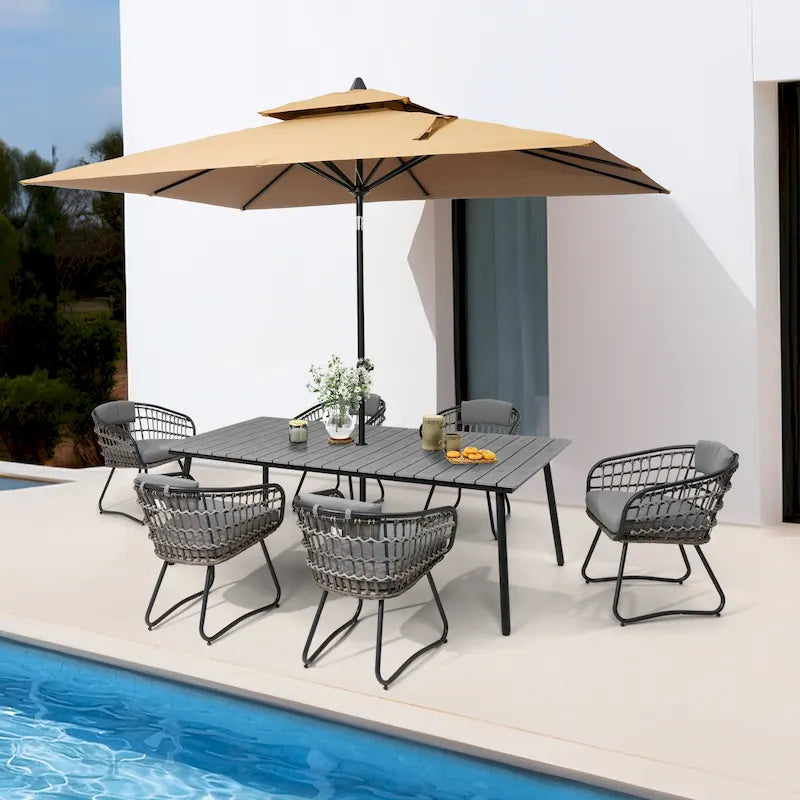 Ensemble de salle à manger d'extérieur 7 pièces - Table rectangulaire en aluminium pour patio avec trou pour parasol et chaises en rotin