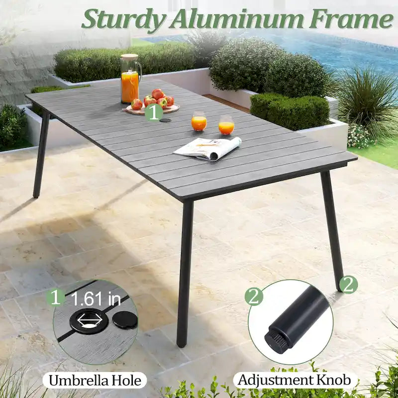 Ensemble de salle à manger d'extérieur 7 pièces - Table rectangulaire en aluminium pour patio avec trou pour parasol et chaises en rotin
