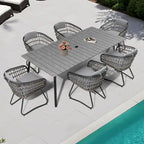Ensemble de salle à manger d'extérieur 7 pièces - Table rectangulaire en aluminium pour patio avec trou pour parasol et chaises en rotin
