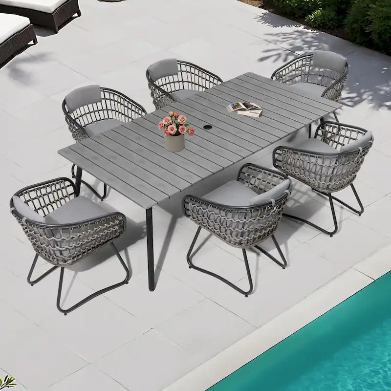 Ensemble de salle à manger d'extérieur 7 pièces - Table rectangulaire en aluminium pour patio avec trou pour parasol et chaises en rotin