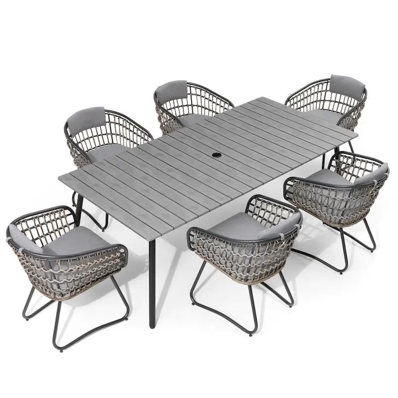 Ensemble de salle à manger d'extérieur 7 pièces - Table rectangulaire en aluminium pour patio avec trou pour parasol et chaises en rotin