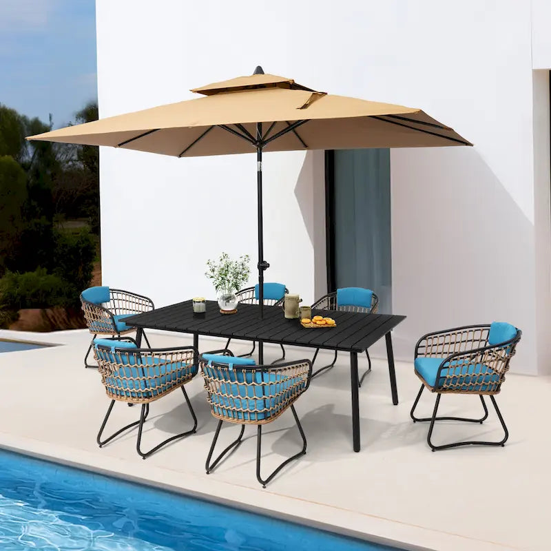 Ensemble de salle à manger d'extérieur 7 pièces - Table rectangulaire en aluminium pour patio avec trou pour parasol et chaises en rotin
