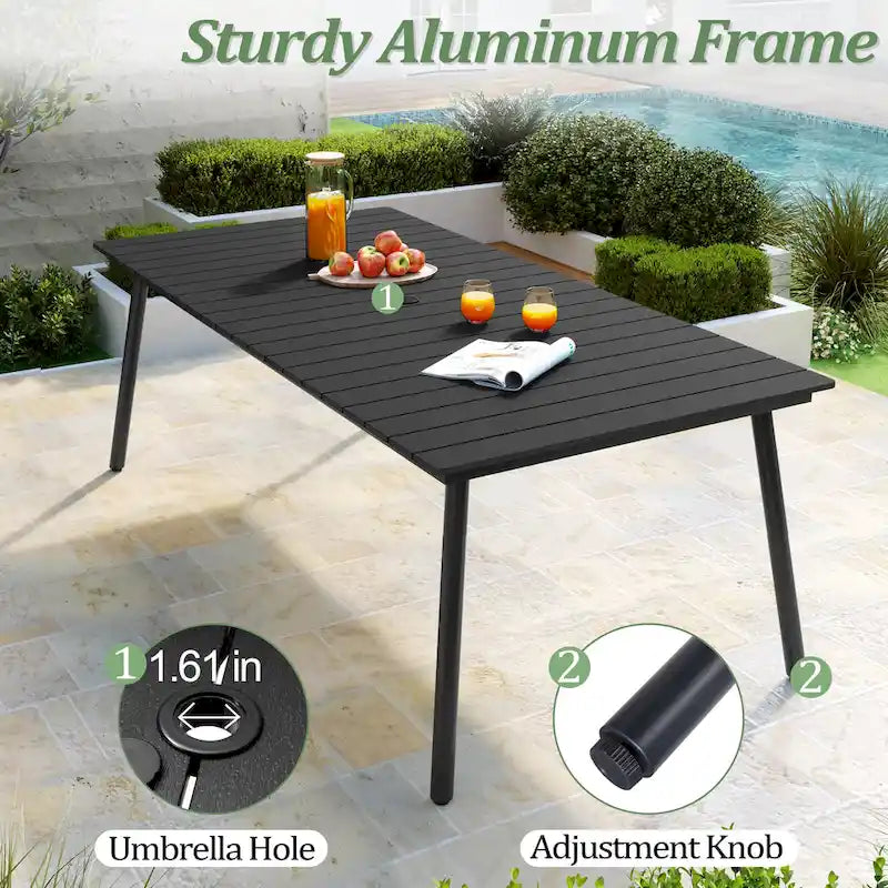 Ensemble de salle à manger d'extérieur 7 pièces - Table rectangulaire en aluminium pour patio avec trou pour parasol et chaises en rotin
