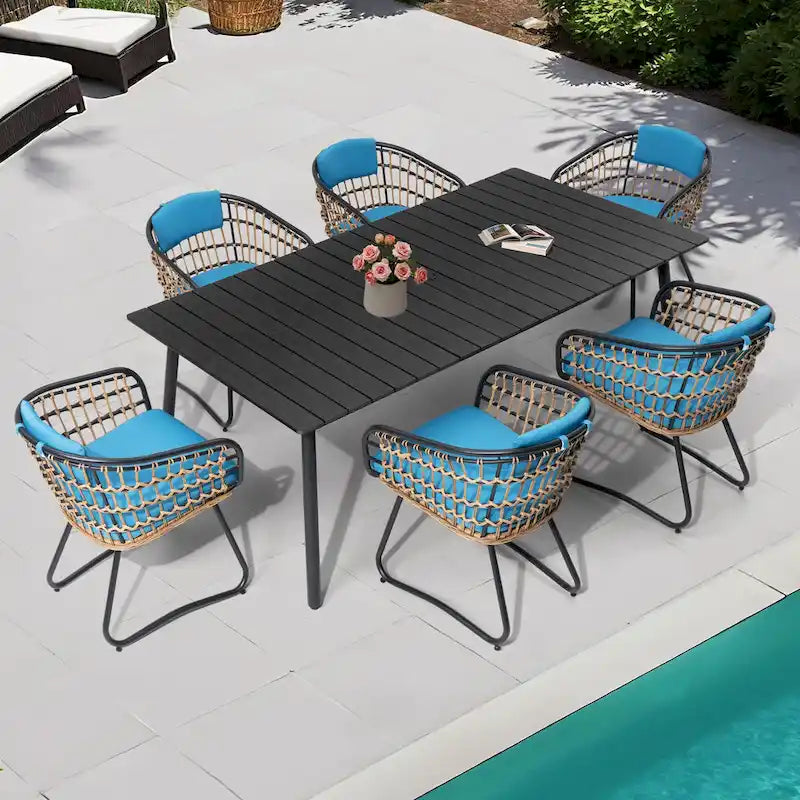 Ensemble de salle à manger d'extérieur 7 pièces - Table rectangulaire en aluminium pour patio avec trou pour parasol et chaises en rotin