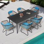 Ensemble de salle à manger d'extérieur 7 pièces - Table rectangulaire en aluminium pour patio avec trou pour parasol et chaises en rotin